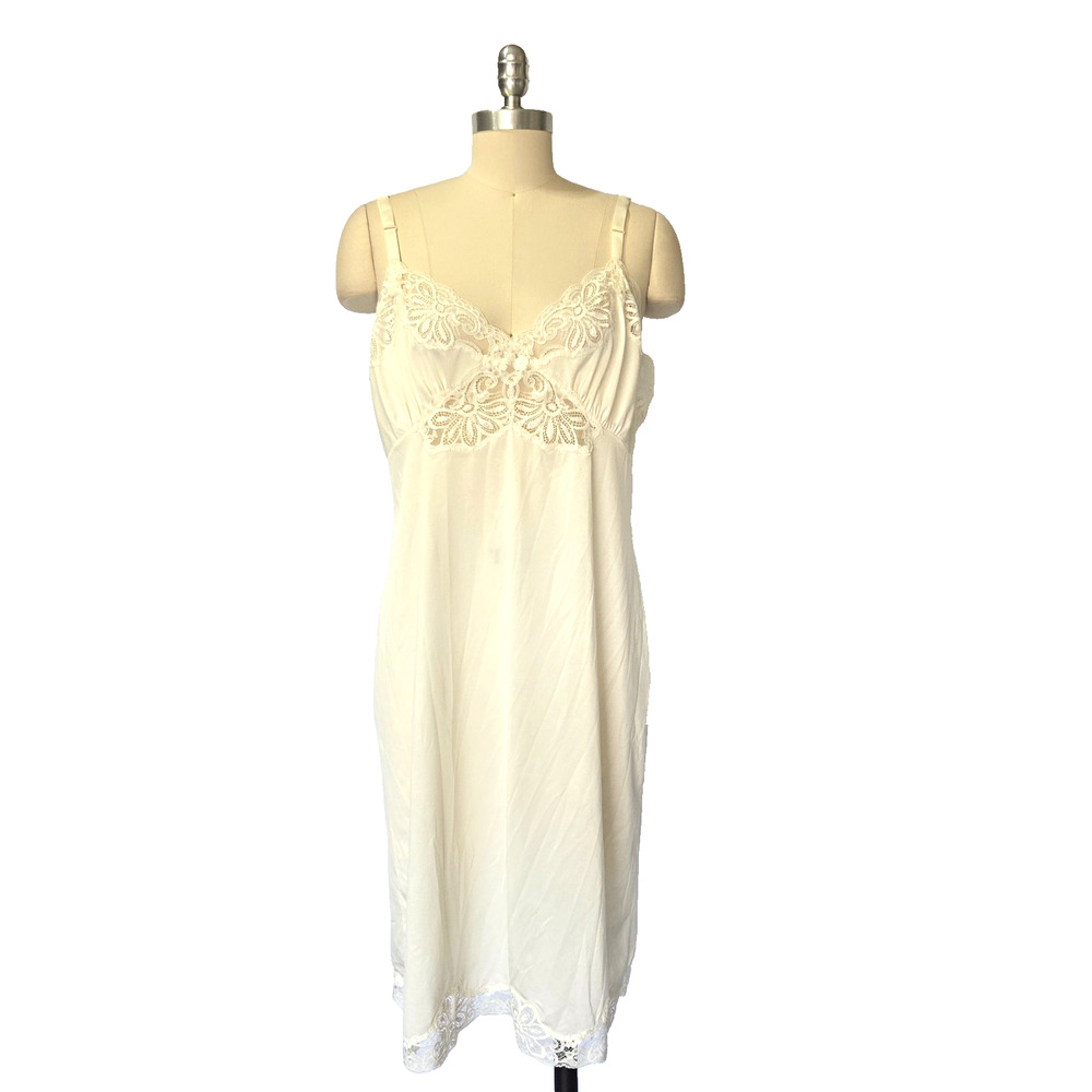 Vintage Shadowline Slip Size 38 L Ivory Satin Lace Midi Retro Pin Up Lingerie
